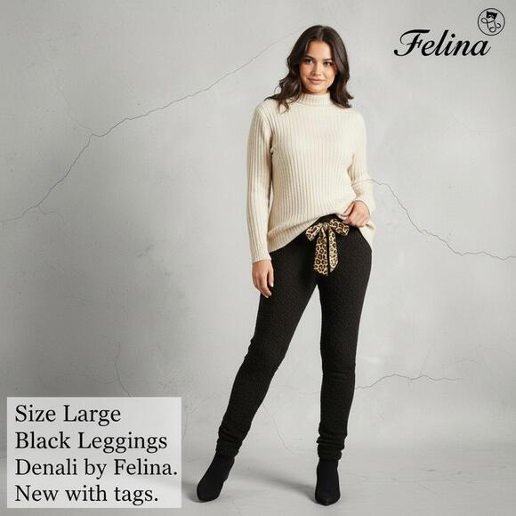 Felina Black Denali Leggings Size Large w/Leopard Print Bow - Picture 2 of 5